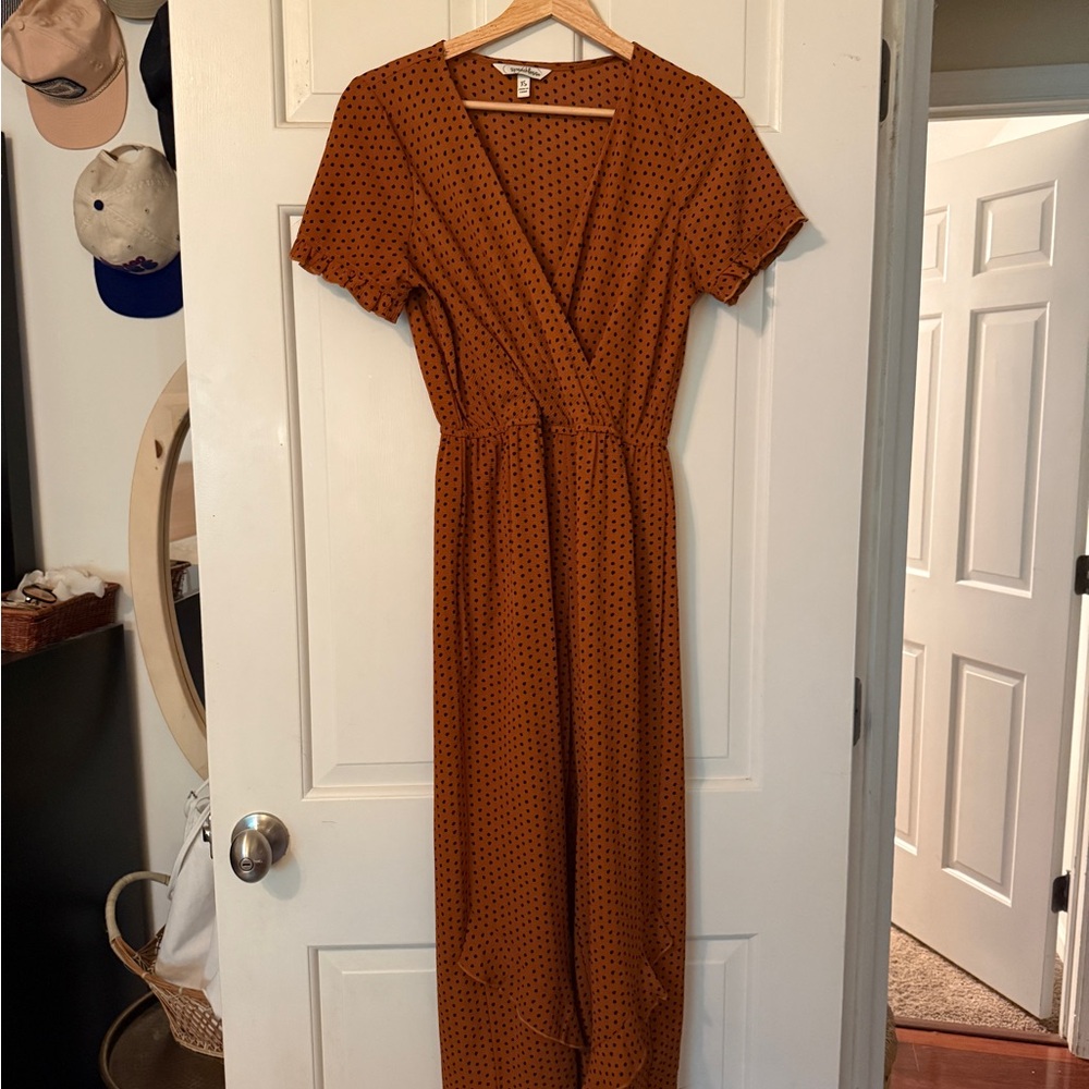 Rust Orange V-Neck Dress with Black Polka Dots